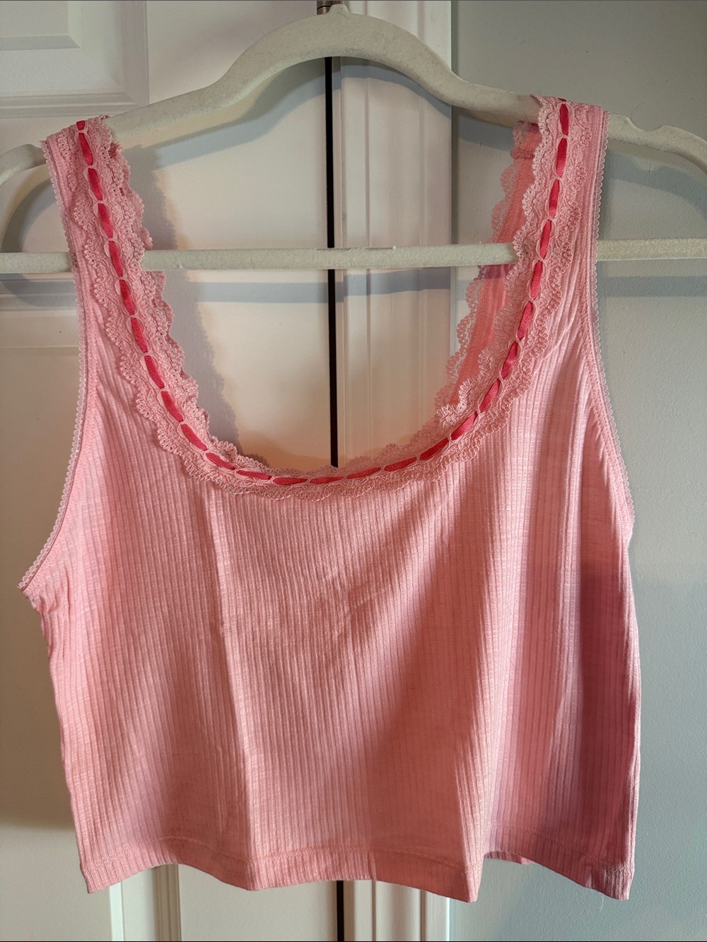 aerie Pink Ribbed Lace-Trim Tank Top